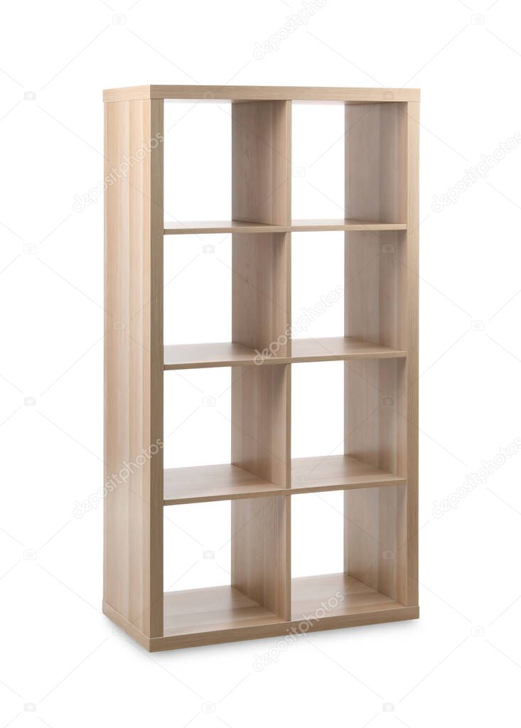 Empty wooden shelving unit isolated on white