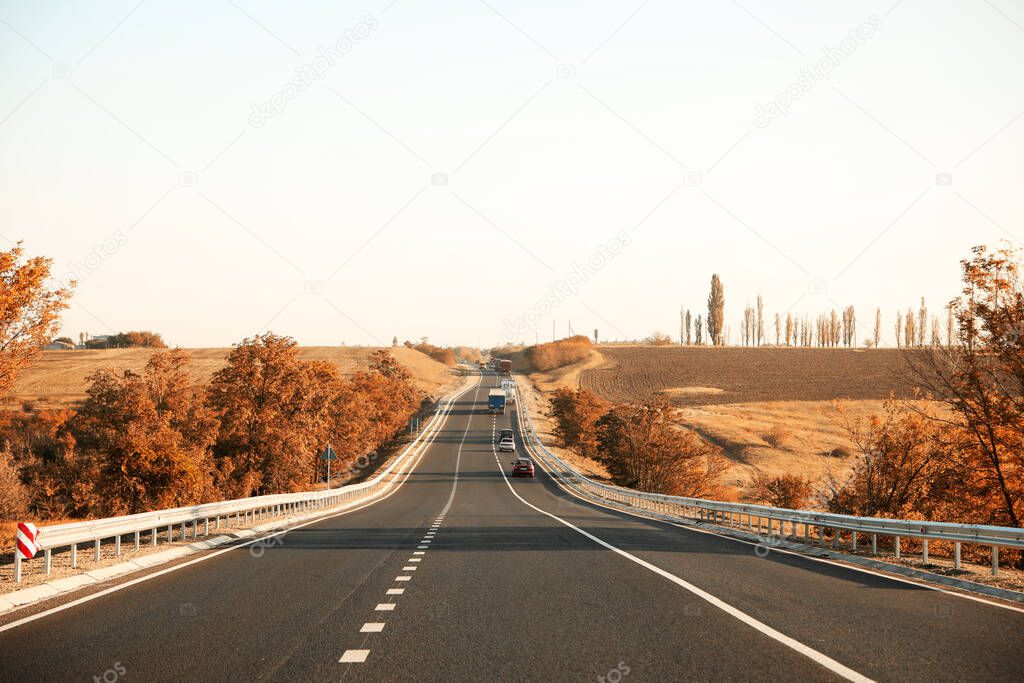 Beautiful view of empty asphalt highway. Road trip