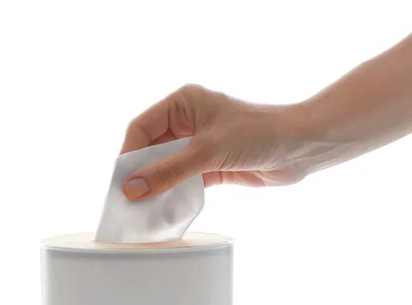 Woman Taking Paper Tissue Holder White Background Closeup — Stock Photo, Image