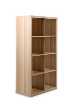 Boş ahşap raf ünitesi beyaz üzerine izole