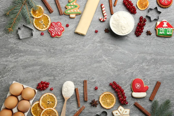 Frame Christmas Cookies Flour Grey Table Flat Lay Space Text — Stock Photo, Image