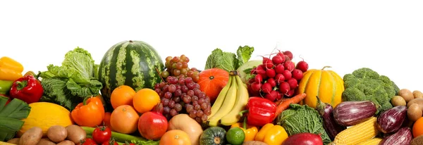 Συλλογή Φρέσκων Βιολογικών Φρούτων Και Λαχανικών Λευκό Φόντο Σχεδιασμός Banner — Φωτογραφία Αρχείου