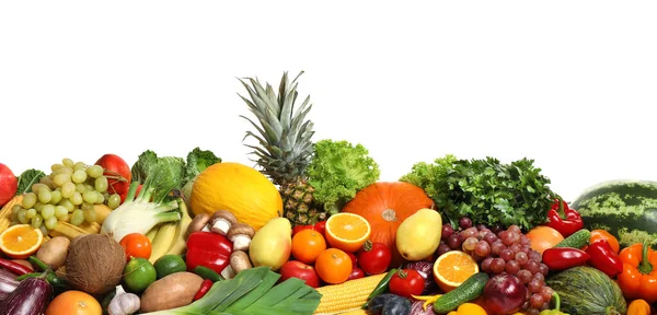 Assortment Fresh Organic Fruits Vegetables White Background Banner Design — Stock Photo, Image