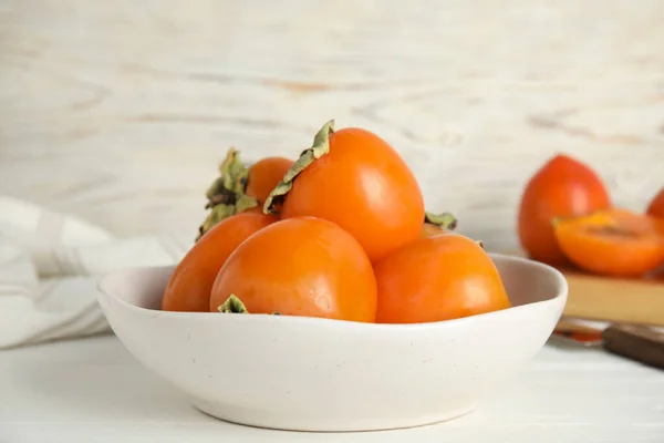 Delicious Fresh Persimmons White Table Closeup — Stock Photo, Image