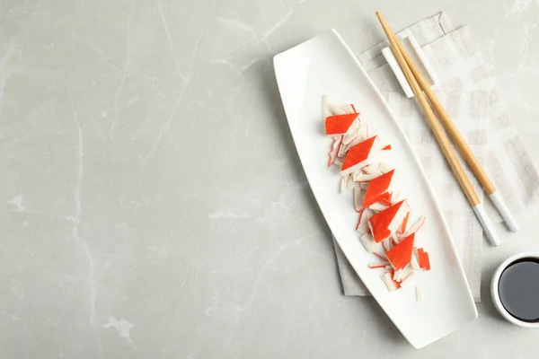 Fresh Delicious Crab Sticks Soy Sauce Served Marble Table Space — Stock Photo, Image