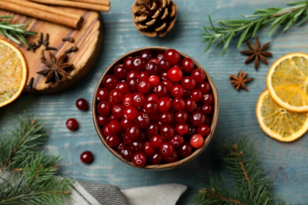 Flat Lay Composition Fresh Ripe Cranberries Blue Wooden Table — Stock Photo, Image