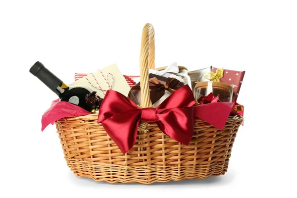 Wicker Basket Full Gifts Isolated White — Stock Photo, Image