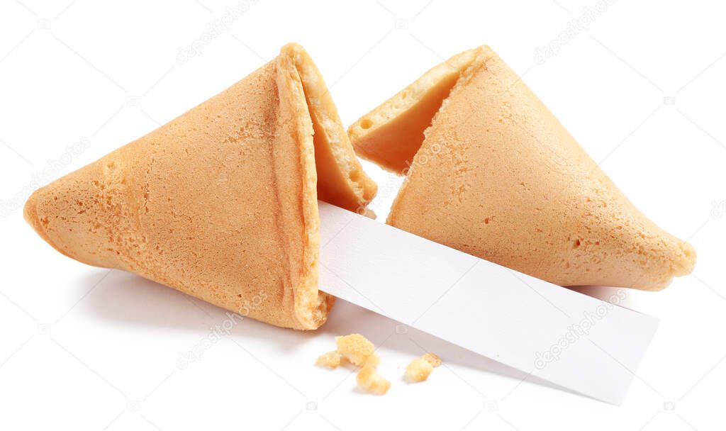 Cracked traditional fortune cookie with prediction on white background
