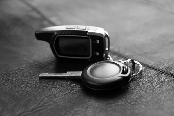 Modern Car Key Remote Control Black Leather Closeup — Stock Photo, Image