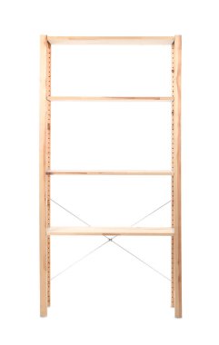Boş ahşap raf ünitesi beyaz üzerine izole