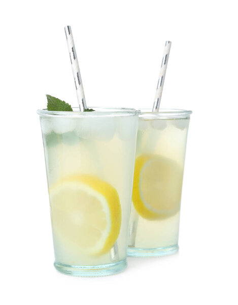 Natural lemonade with mint on white background. Summer refreshing drink