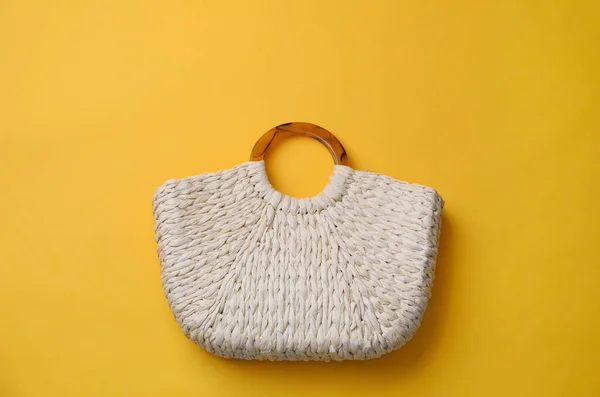Stylish Straw Bag Yellow Background Top View Summer Accessory — Stock Photo, Image