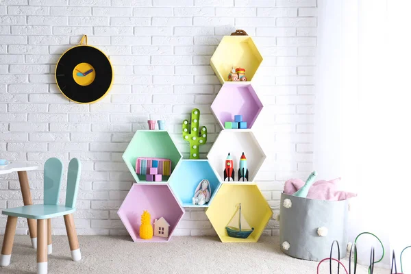 Child Room Interior Colorful Shelves Brick Wall — Stock Photo, Image