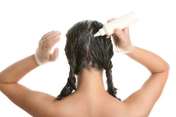 Young Woman Applying Dye Hairs White Background Back View — Stock Photo, Image