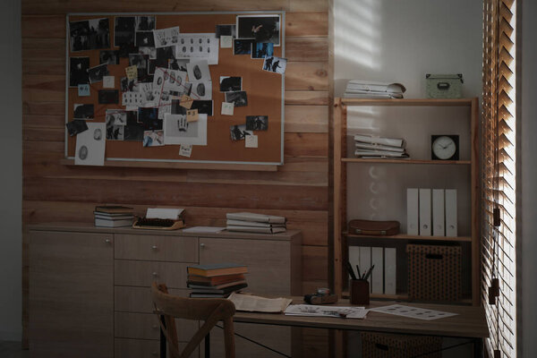 Detective office interior with evidence board on wall