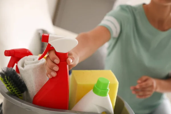 Woman Taking Bottle Detergent Bucket Cleaning Supplies Indoors Closeup — Stock Photo, Image