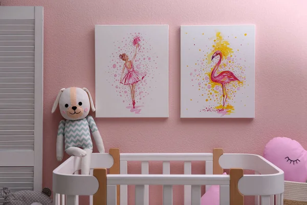Beautiful Pictures Flamingo Ballerina Pink Wall Baby Room Interior Design Stock Image