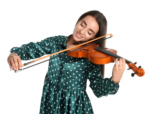 Mulher Bonita Tocando Violino Fundo Branco — Fotografia de Stock