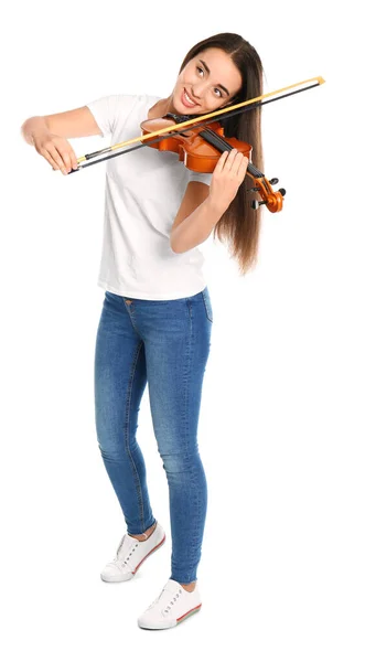 Mulher Bonita Tocando Violino Fundo Branco — Fotografia de Stock