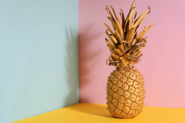 Renkli arka planda altın ananas, metin için boşluk. Yaratıcı kavram