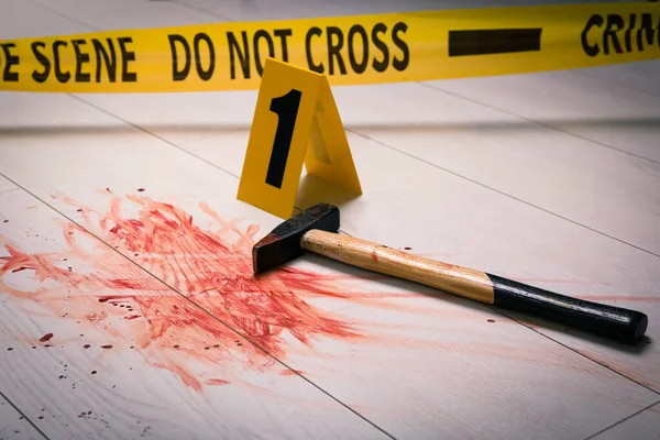 Hammer Blood Crime Scene Marker White Wooden Background — Stock Photo, Image