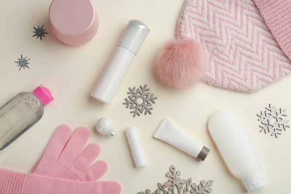 Flat Lay Composition Different Cosmetic Products Beige Background Winter Care — Stock Photo, Image