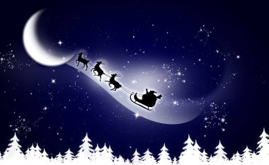 Sihirli Noel arifesi. Noel Baba ve ren geyikleri dolunayda gökyüzünde uçuyor.