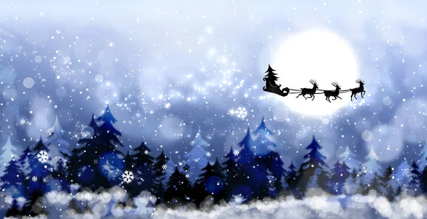 魔法のクリスマス前夜 満月の夜にサンタのそりを空に引っ張っているトナカイバナーデザイン — ストック写真
