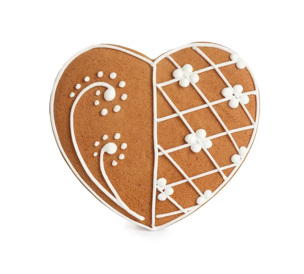 Gingerbread Heart Decorated Icing Isolated White — Stock Photo, Image