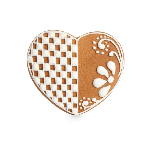 Gingerbread Heart Decorated Icing Isolated White — Stock Photo, Image