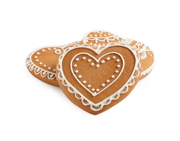 Gingerbread Hearts Decorated Icing White Background — Stock Photo, Image