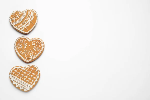 Gingerbread Hearts Decorated Icing White Background Flat Lay Space Text — Stock Photo, Image