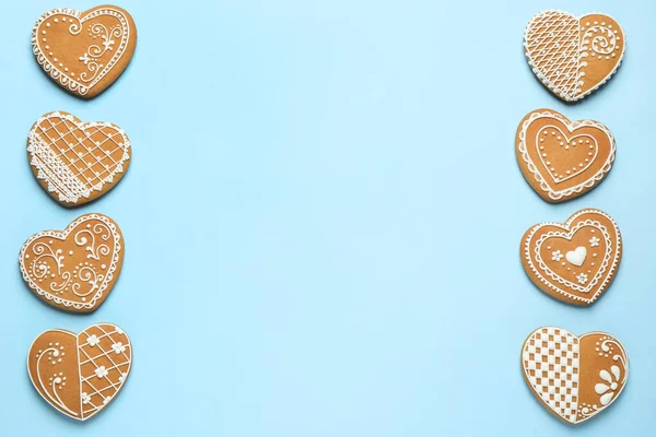 Gingerbread Hearts Decorated Icing Light Blue Background Flat Lay Ruang — Stok Foto