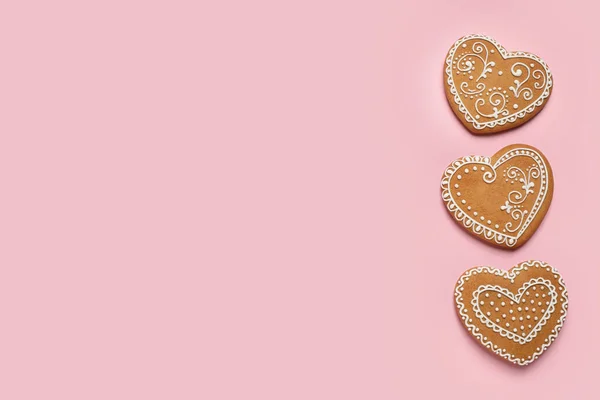 Gingerbread Hearts Decorated Icing Pink Background Flat Lay Space Text — Stock Photo, Image