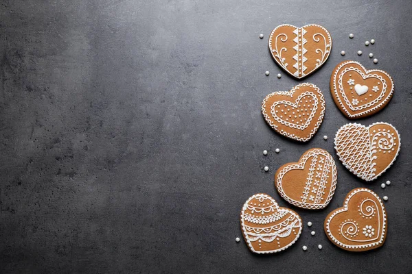 Tasty Heart Shaped Gingerbread Cookies Black Table Flat Lay Space — Stock Photo, Image