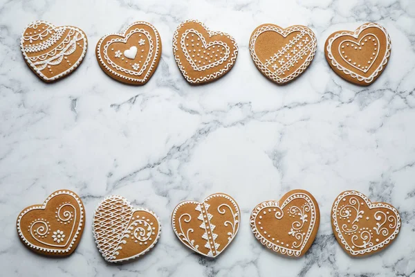 Tasty Heart Shaped Gingerbread Cookies White Marble Table Flat Lay — Stock Photo, Image