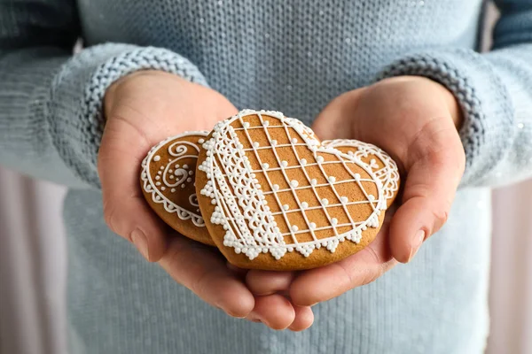 Woman Holding Tasty Heart Shaped Gingerbread Cookies Closeup — Stock Photo, Image