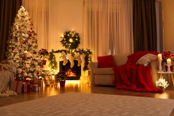 Nappali Karácsonyi Dekorációval Belső Kialakítás — Stock Fotó