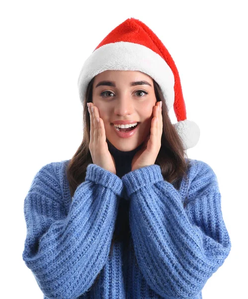 Beyaz Arka Planda Noel Baba Şapkası Takan Güzel Duygusal Kadın — Stok fotoğraf