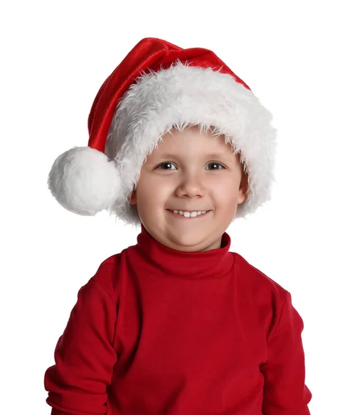 Criança Bonito Chapéu Papai Noel Fundo Branco Celebração Natal — Fotografia de Stock