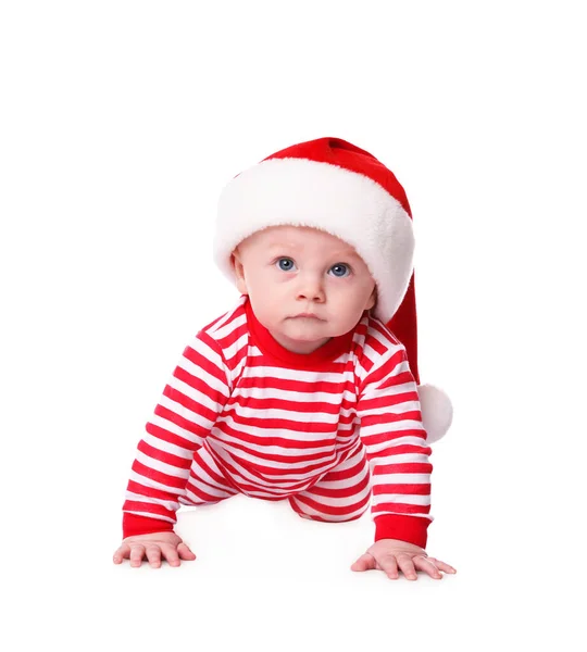 Leuke Baby Santa Hoed Heldere Kerst Pyjama Witte Achtergrond — Stockfoto