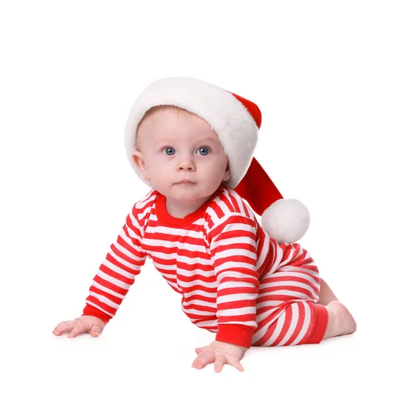 Симпатичный Ребенок Шляпе Санты Яркие Рождественские Пижамы Белом Фоне — стоковое фото