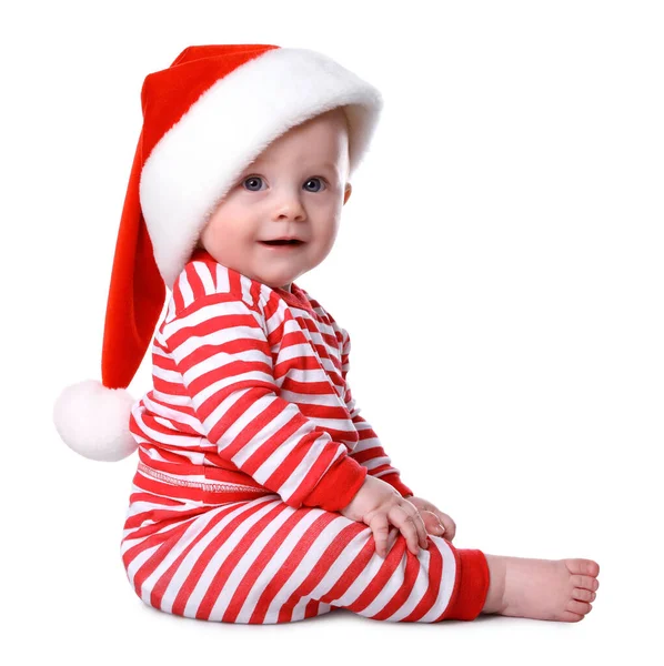 Мила Дитина Санта Капелюсі Яскрава Різдвяна Піжама Білому Тлі — стокове фото