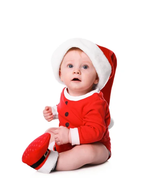 Schattige Kleine Baby Santa Claus Pak Witte Achtergrond Kerstfeest — Stockfoto