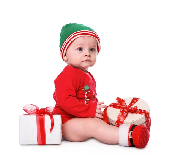 Schattig Klein Baby Dragen Elf Santa Kleding Met Kerstcadeaus Witte — Stockfoto