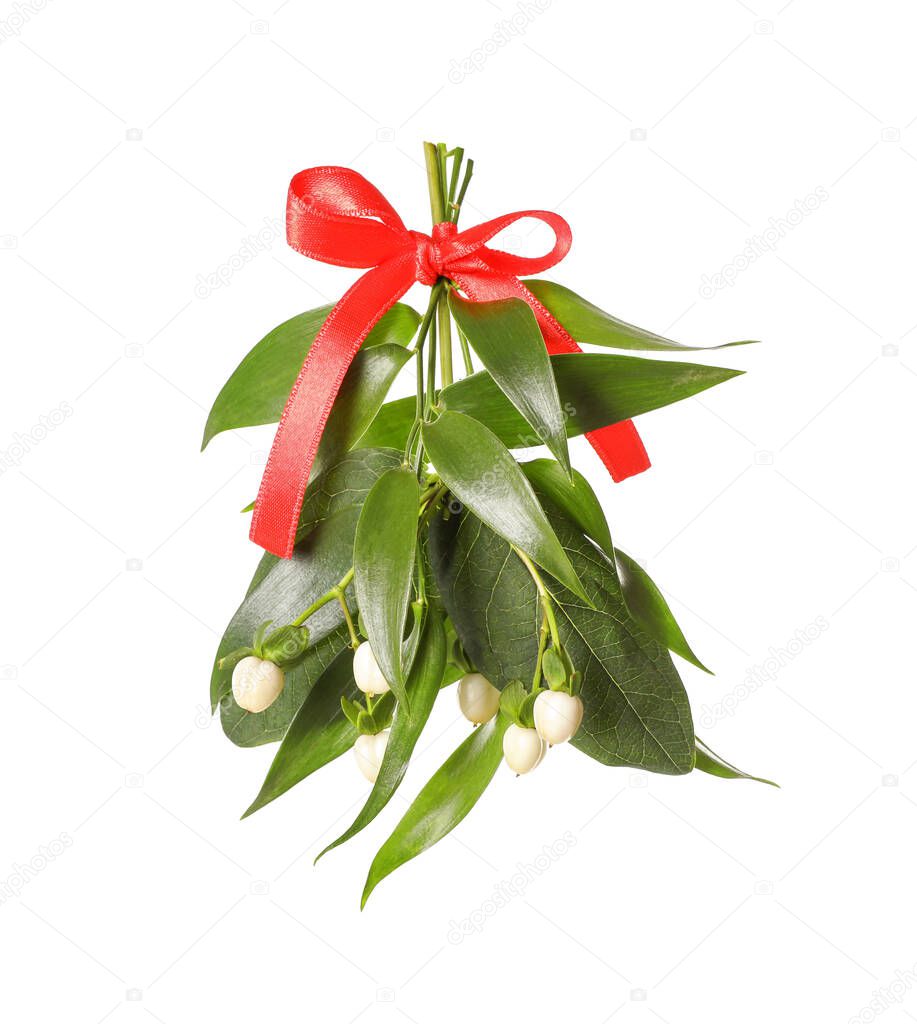 Mistletoe bunch with red bow isolated on white. Traditional Christmas decor