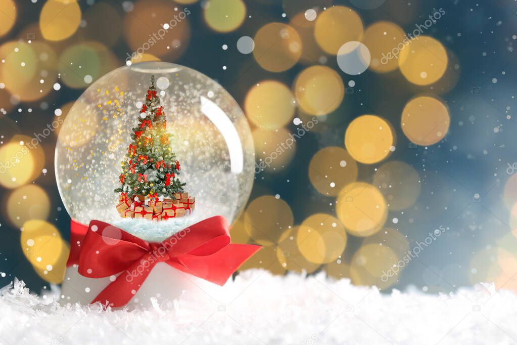 Beautiful snow globe with Christmas tree against blurred lights, space for text. Bokeh effect