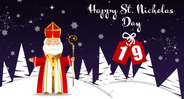 Koyu mavi arka planda Aziz Nicholas, illüstrasyon. Tebrik kartı tasarımı