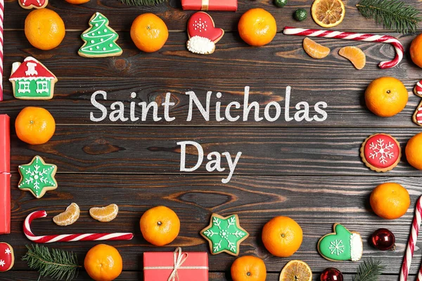 Día San Nicolás Marco Hecho Con Sabrosas Galletas Navidad Mandarinas — Foto de Stock