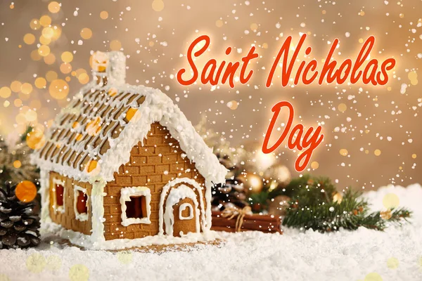 Día San Nicolás Hermosa Casa Jengibre Decorada Con Hielo Nieve — Foto de Stock